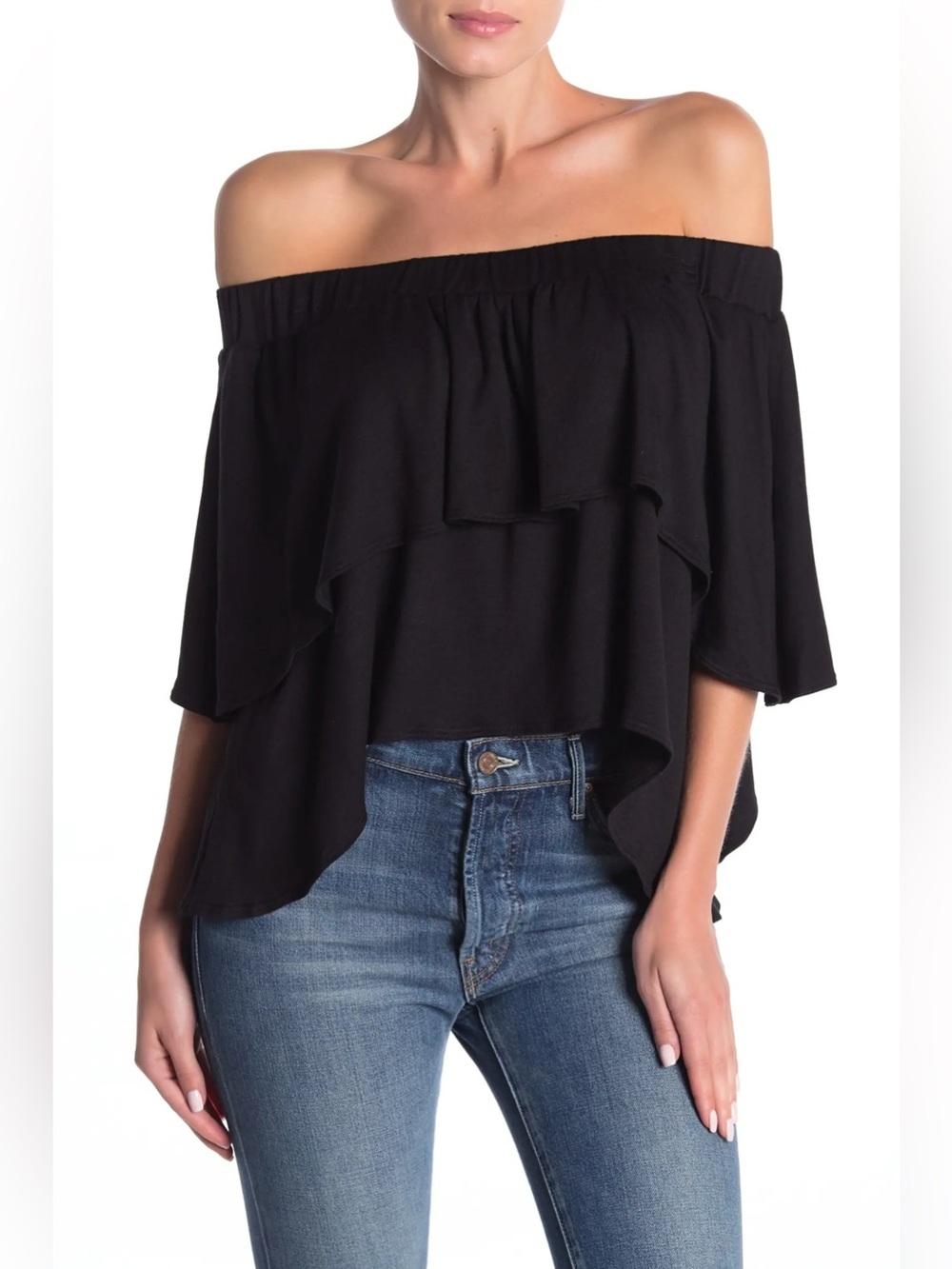 NWOT- GO COUTURE Off-The-Shoulder Double Ruffle Top, Black, size XL